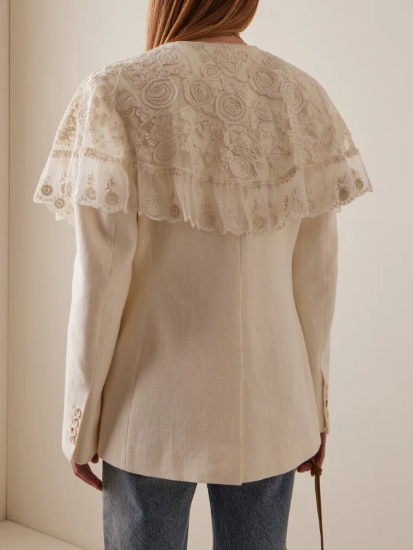 Long Sleeves Buttoned Embroidered Pockets Split-Joint Deep V-Neck Blazer Outerwear - Image 2