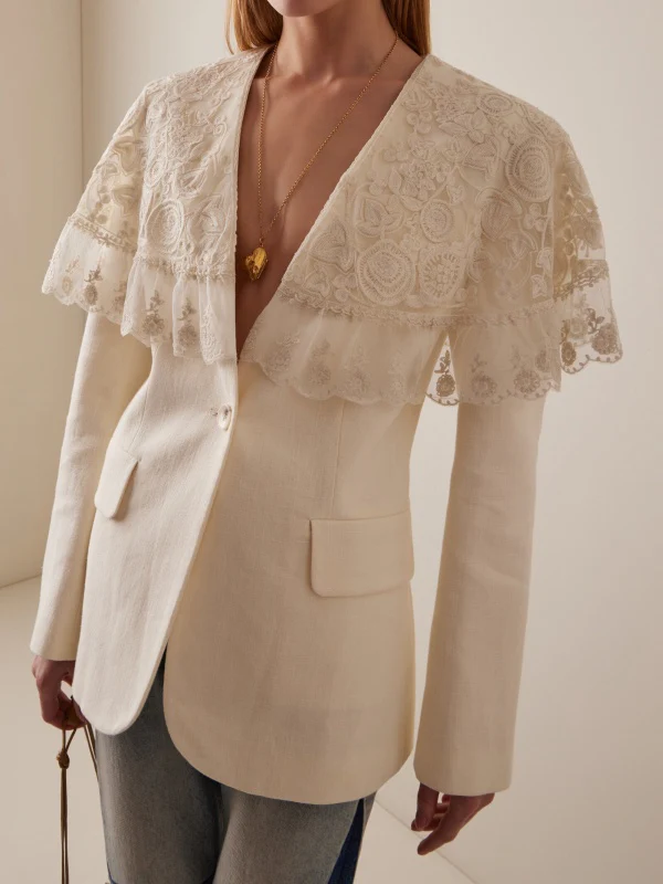 Long Sleeves Buttoned Embroidered Pockets Split-Joint Deep V-Neck Blazer Outerwear - Image 3