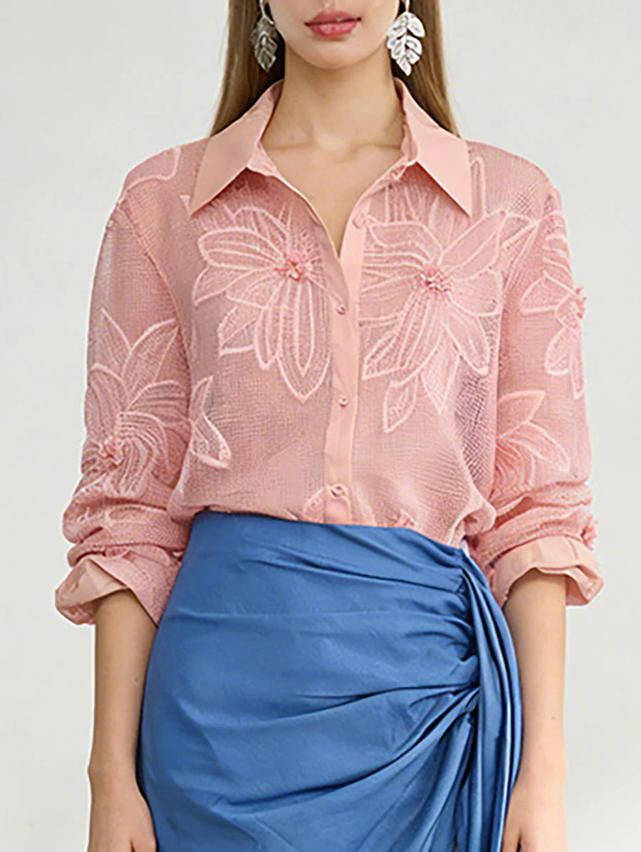 Long Sleeves Buttoned Embroidered Solid Color Lapel Blouses&Shirts Tops - Image 2