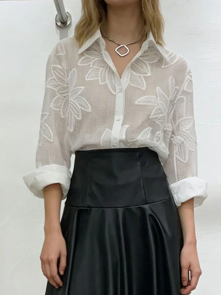 Long Sleeves Buttoned Embroidered Solid Color Lapel Blouses&Shirts Tops - Image 3