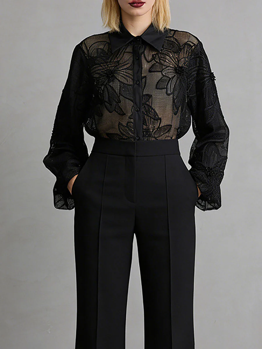Long Sleeves Buttoned Embroidered Solid Color Lapel Blouses&Shirts Tops - Image 4