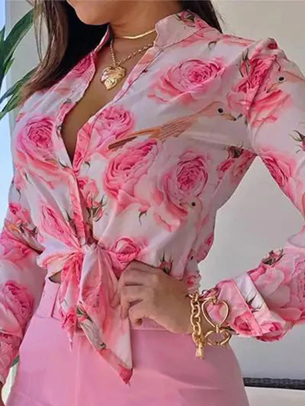 Long Sleeves Buttoned Flower Print Deep V-Neck Shirts Top +Belted Shorts Bottom Two Pieces Set - Image 2