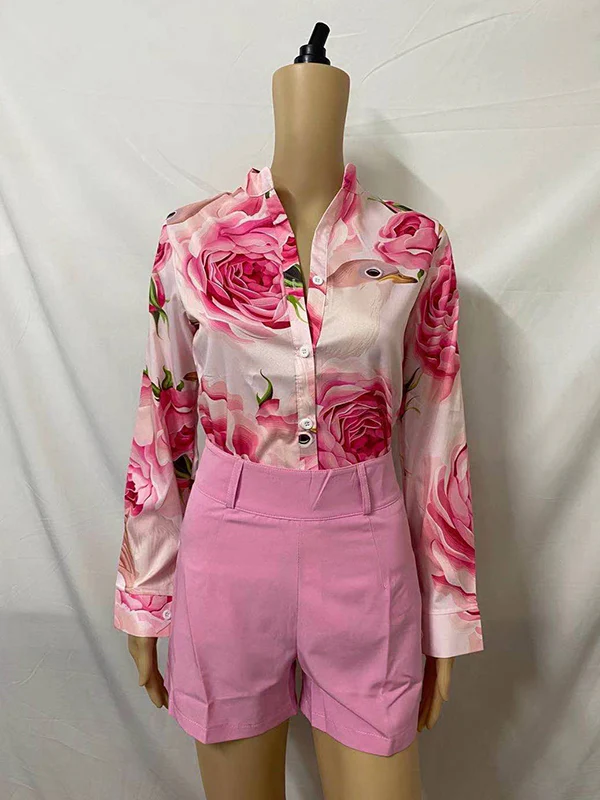 Long Sleeves Buttoned Flower Print Deep V-Neck Shirts Top +Belted Shorts Bottom Two Pieces Set - Image 3
