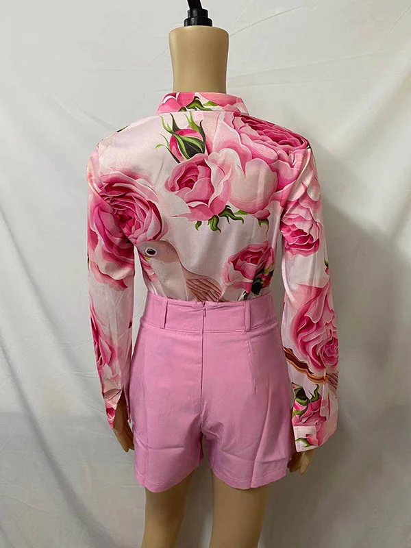 Long Sleeves Buttoned Flower Print Deep V-Neck Shirts Top +Belted Shorts Bottom Two Pieces Set - Image 4