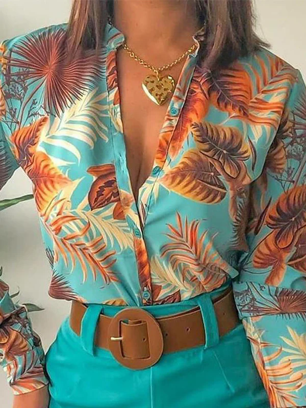 Long Sleeves Buttoned Flower Print Deep V-Neck Shirts Top +Belted Shorts Bottom Two Pieces Set - Image 2