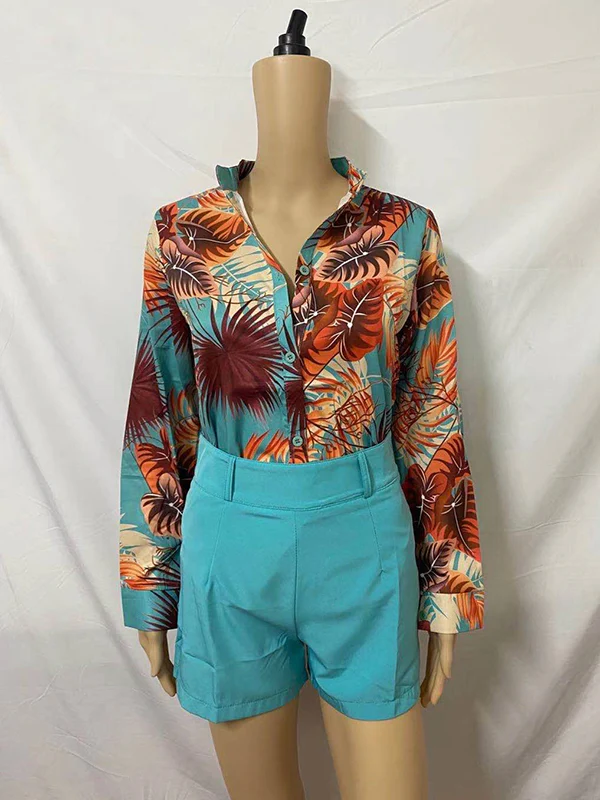 Long Sleeves Buttoned Flower Print Deep V-Neck Shirts Top +Belted Shorts Bottom Two Pieces Set - Image 3