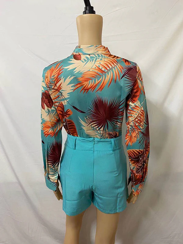 Long Sleeves Buttoned Flower Print Deep V-Neck Shirts Top +Belted Shorts Bottom Two Pieces Set - Image 4