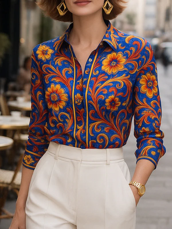 Long Sleeves Buttoned Flower Print Lapel Blouses&Shirts Tops - Image 2