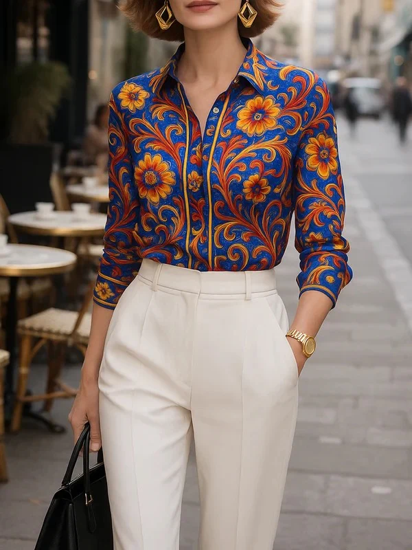 Long Sleeves Buttoned Flower Print Lapel Blouses&Shirts Tops - Image 3