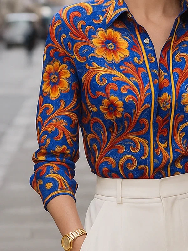 Long Sleeves Buttoned Flower Print Lapel Blouses&Shirts Tops - Image 4