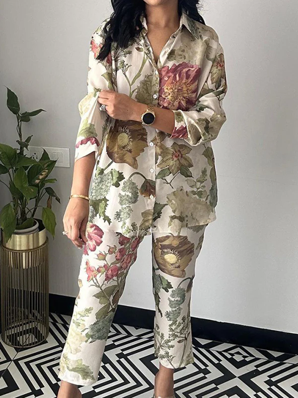 Long Sleeves Buttoned Flower Print Lapel Shirts Top + Ninth Pants Pants Bottom Two Pieces Set - Image 2