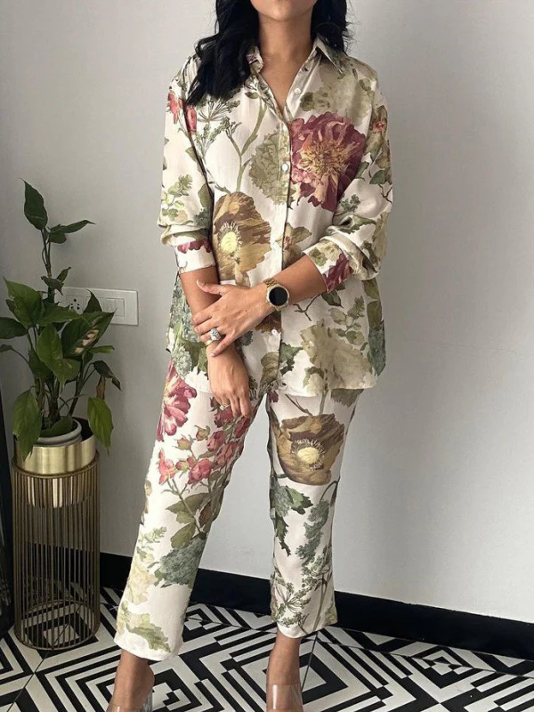 Long Sleeves Buttoned Flower Print Lapel Shirts Top + Ninth Pants Pants Bottom Two Pieces Set - Image 3