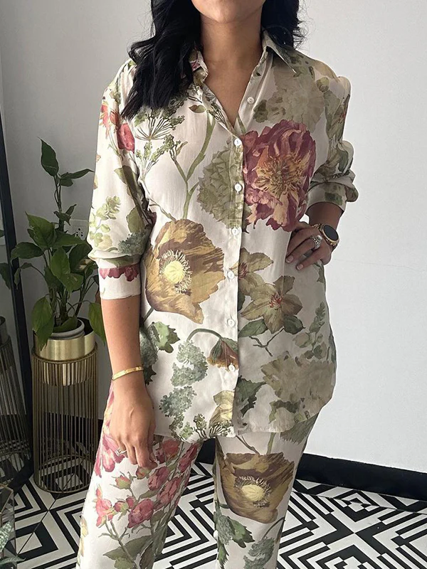 Long Sleeves Buttoned Flower Print Lapel Shirts Top + Ninth Pants Pants Bottom Two Pieces Set - Image 4