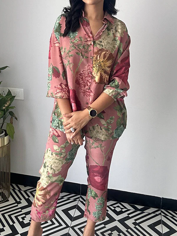 Long Sleeves Buttoned Flower Print Lapel Shirts Top + Ninth Pants Pants Bottom Two Pieces Set - Image 5