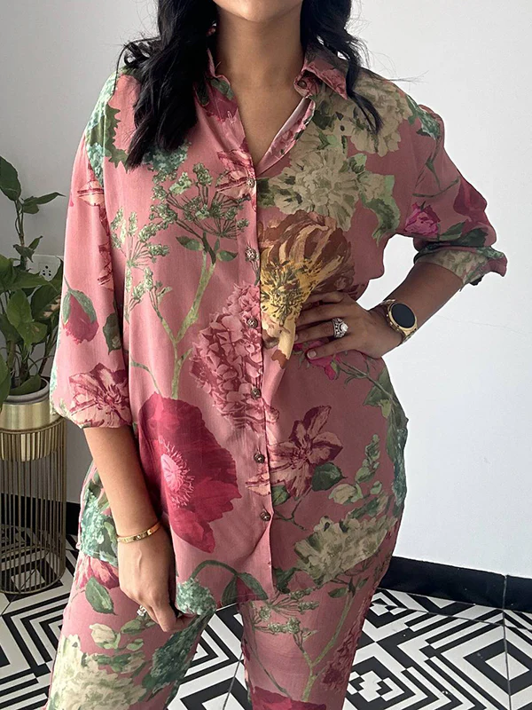 Long Sleeves Buttoned Flower Print Lapel Shirts Top + Ninth Pants Pants Bottom Two Pieces Set - Image 6
