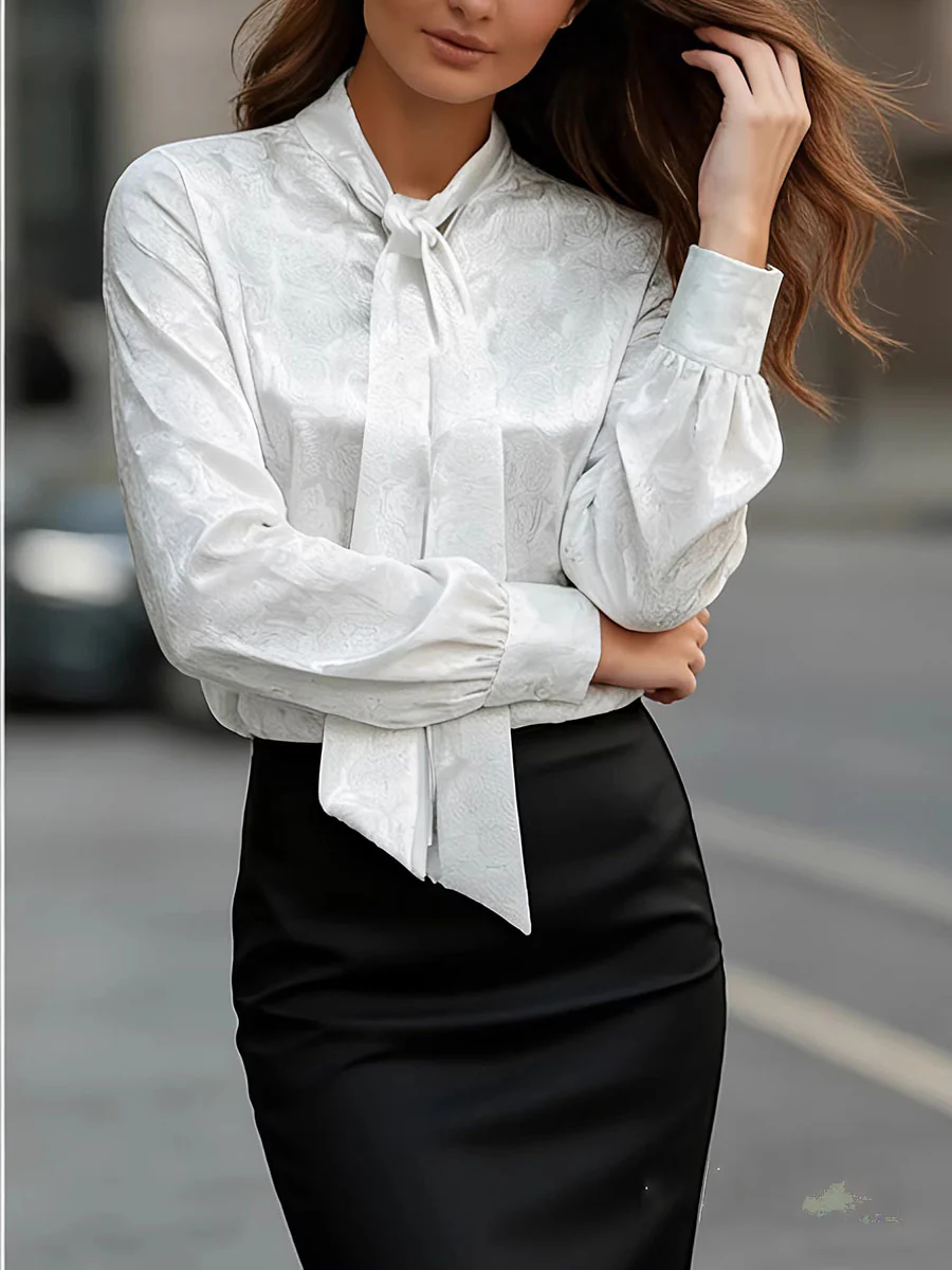 Long Sleeves Buttoned Flower Print Pleated Tied Lapel Collar Blouses&Shirts Tops - Image 2
