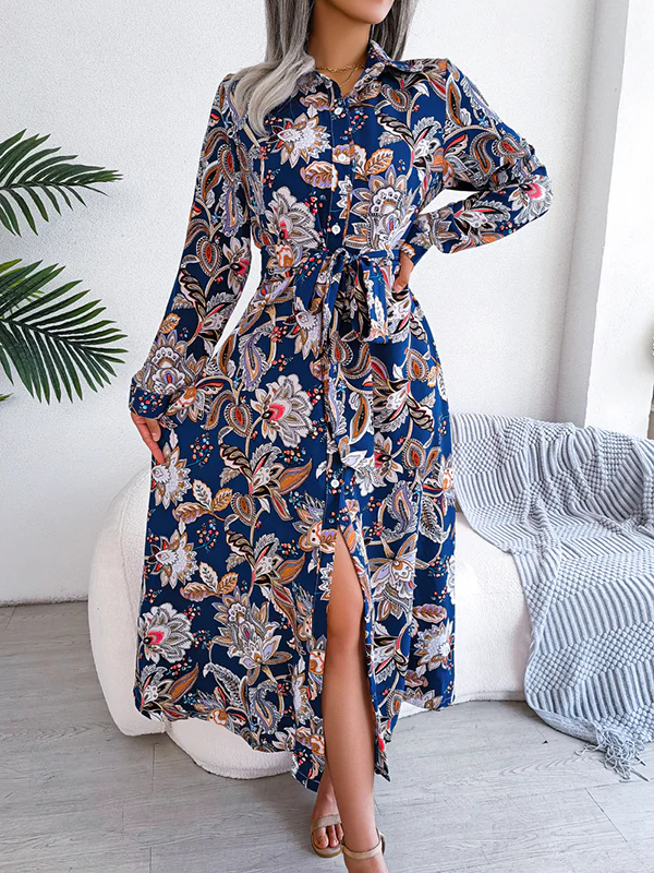 Long Sleeves Buttoned Flower Print Tied Waist Lapel Maxi Dresses - Image 10