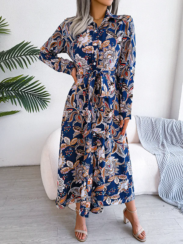 Long Sleeves Buttoned Flower Print Tied Waist Lapel Maxi Dresses - Image 11