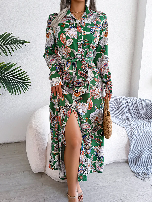 Long Sleeves Buttoned Flower Print Tied Waist Lapel Maxi Dresses - Image 13