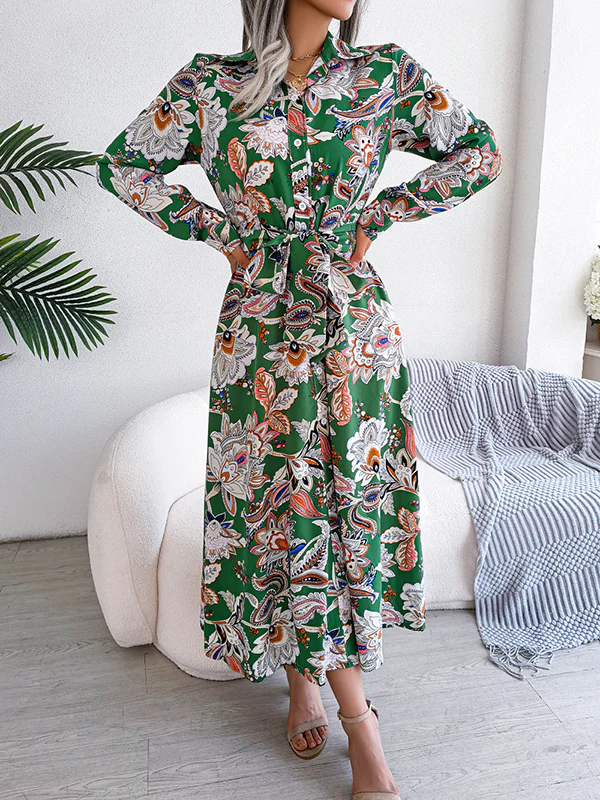 Long Sleeves Buttoned Flower Print Tied Waist Lapel Maxi Dresses - Image 14