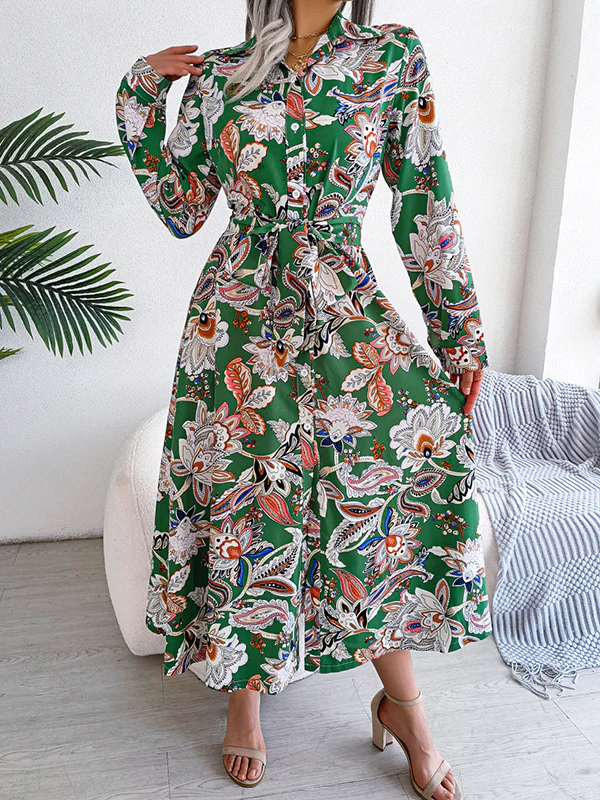 Long Sleeves Buttoned Flower Print Tied Waist Lapel Maxi Dresses - Image 15