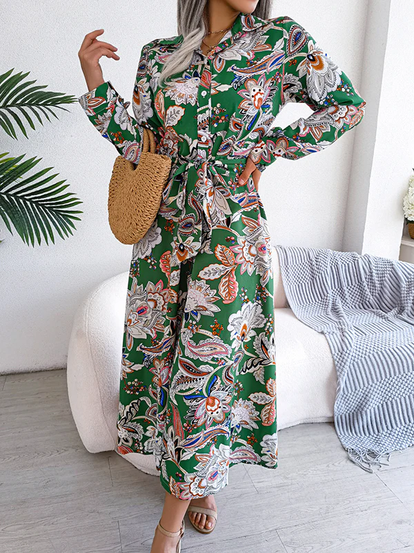Long Sleeves Buttoned Flower Print Tied Waist Lapel Maxi Dresses - Image 16