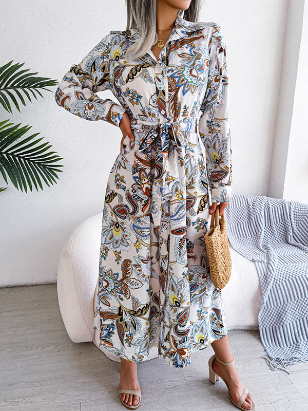 Long Sleeves Buttoned Flower Print Tied Waist Lapel Maxi Dresses - Image 5