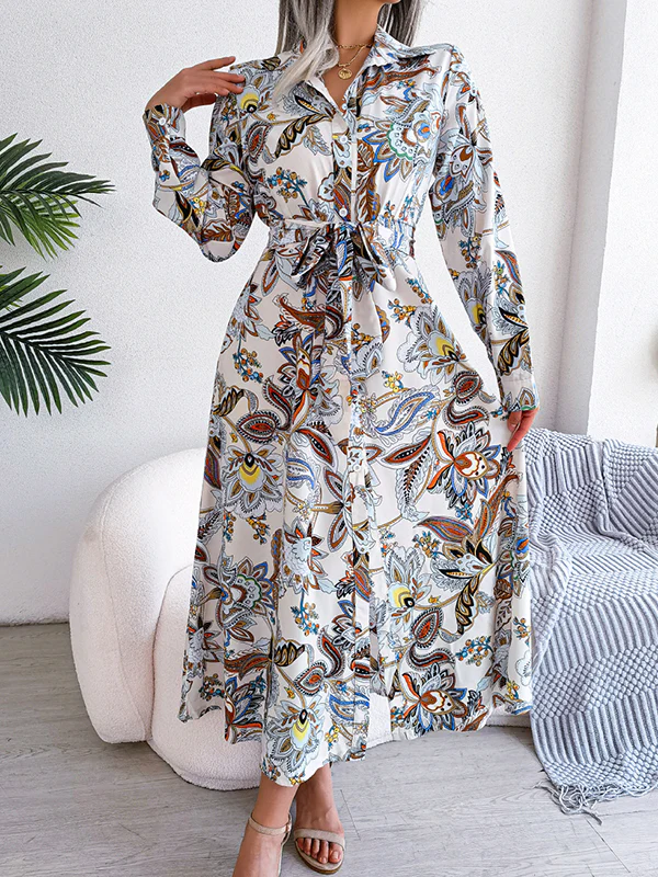 Long Sleeves Buttoned Flower Print Tied Waist Lapel Maxi Dresses - Image 6
