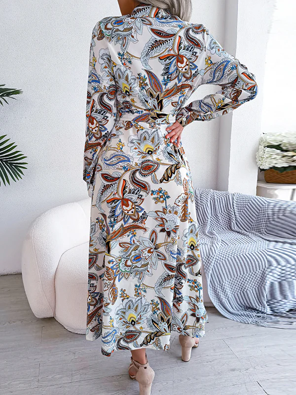 Long Sleeves Buttoned Flower Print Tied Waist Lapel Maxi Dresses - Image 7