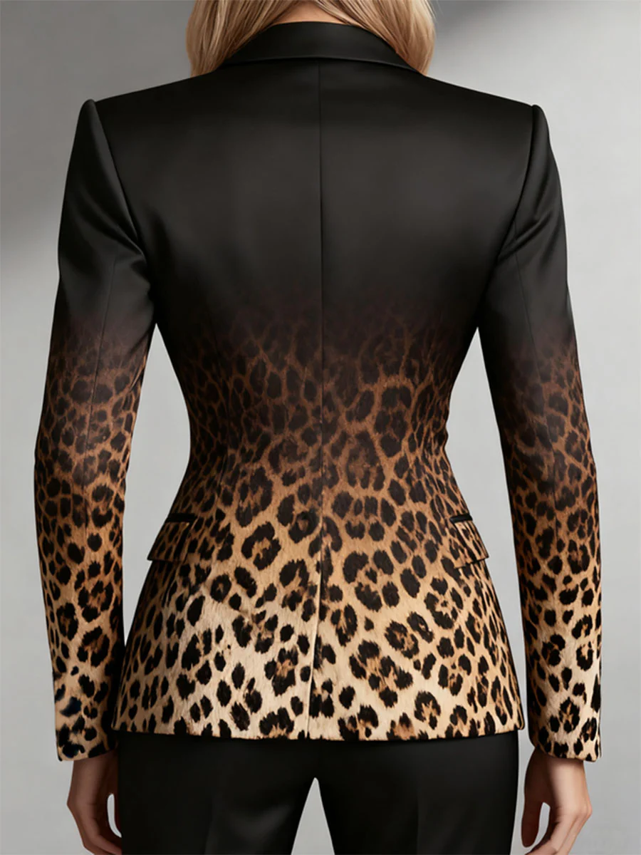 Long Sleeves Buttoned Gradient Leopard Pockets Notched Collar Blazer Outerwear - Image 2