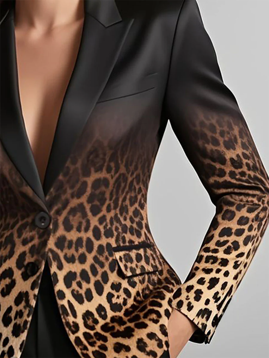 Long Sleeves Buttoned Gradient Leopard Pockets Notched Collar Blazer Outerwear - Image 3