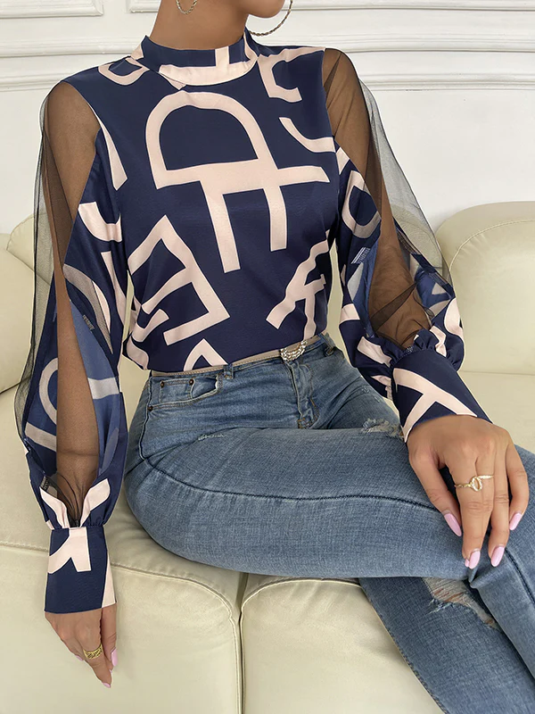Long Sleeves Buttoned Hollow Letter Print See-Through Split-Joint Round-neck Blouses&shirts Tops Shirts Tops - Image 10