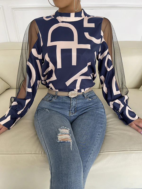 Long Sleeves Buttoned Hollow Letter Print See-Through Split-Joint Round-neck Blouses&shirts Tops Shirts Tops - Image 11