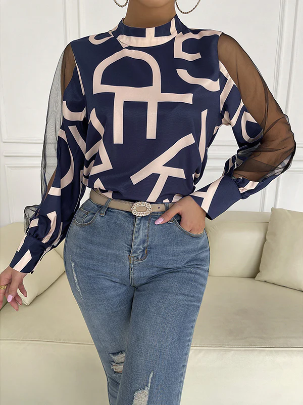 Long Sleeves Buttoned Hollow Letter Print See-Through Split-Joint Round-neck Blouses&shirts Tops Shirts Tops - Image 12