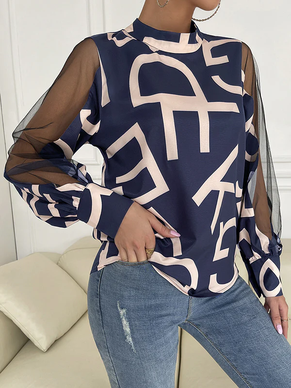 Long Sleeves Buttoned Hollow Letter Print See-Through Split-Joint Round-neck Blouses&shirts Tops Shirts Tops - Image 13