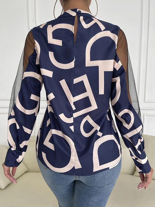Long Sleeves Buttoned Hollow Letter Print See-Through Split-Joint Round-neck Blouses&shirts Tops Shirts Tops - Image 14