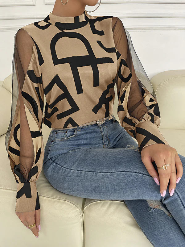 Long Sleeves Buttoned Hollow Letter Print See-Through Split-Joint Round-neck Blouses&shirts Tops Shirts Tops - Image 16