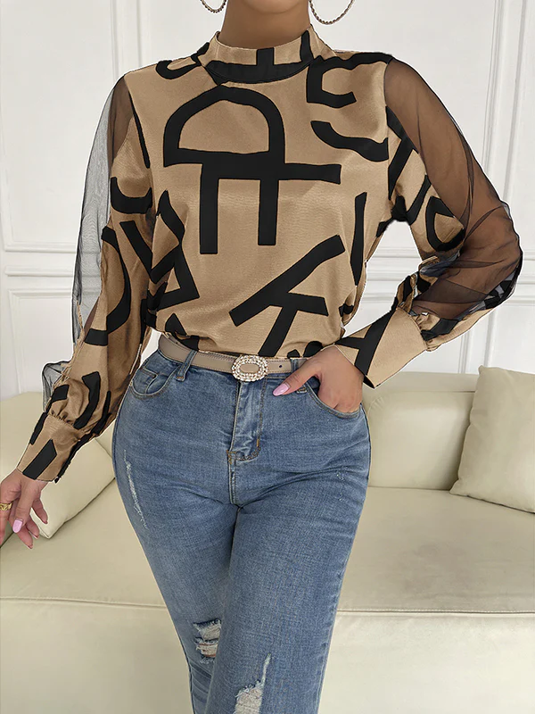 Long Sleeves Buttoned Hollow Letter Print See-Through Split-Joint Round-neck Blouses&shirts Tops Shirts Tops - Image 17