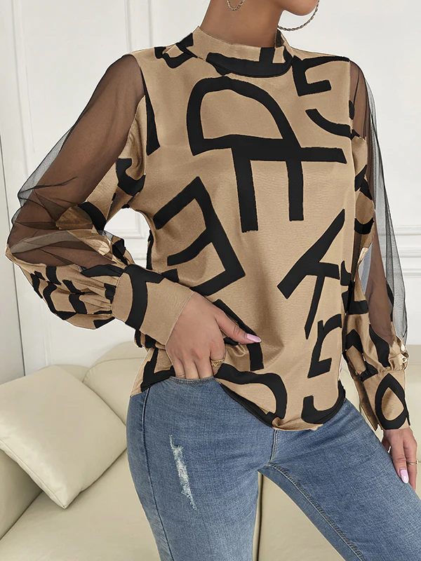 Long Sleeves Buttoned Hollow Letter Print See-Through Split-Joint Round-neck Blouses&shirts Tops Shirts Tops - Image 18