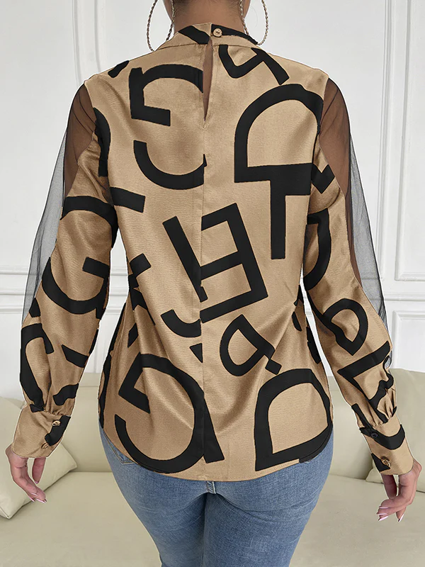 Long Sleeves Buttoned Hollow Letter Print See-Through Split-Joint Round-neck Blouses&shirts Tops Shirts Tops - Image 19