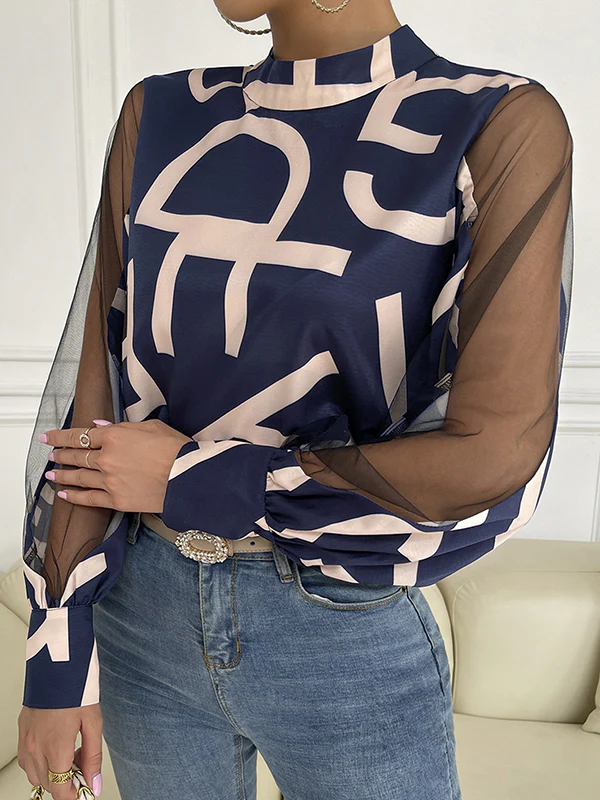 Long Sleeves Buttoned Hollow Letter Print See-Through Split-Joint Round-neck Blouses&shirts Tops Shirts Tops - Image 2
