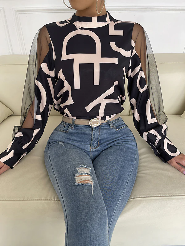 Long Sleeves Buttoned Hollow Letter Print See-Through Split-Joint Round-neck Blouses&shirts Tops Shirts Tops - Image 21