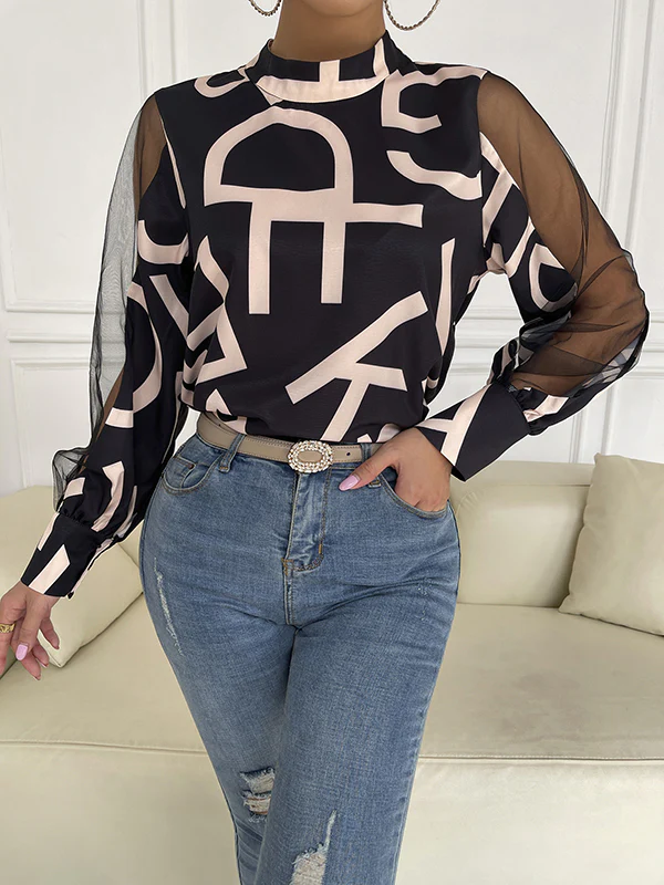 Long Sleeves Buttoned Hollow Letter Print See-Through Split-Joint Round-neck Blouses&shirts Tops Shirts Tops - Image 22