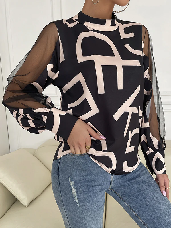 Long Sleeves Buttoned Hollow Letter Print See-Through Split-Joint Round-neck Blouses&shirts Tops Shirts Tops - Image 23