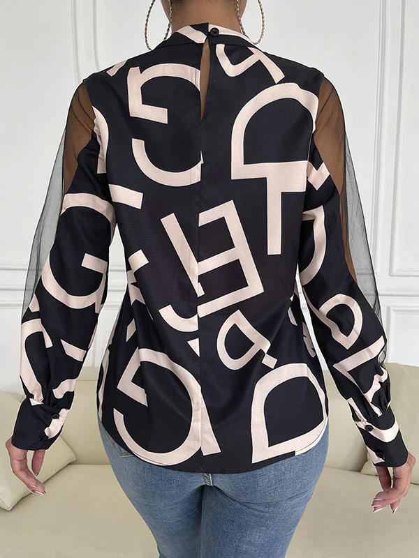 Long Sleeves Buttoned Hollow Letter Print See-Through Split-Joint Round-neck Blouses&shirts Tops Shirts Tops - Image 24