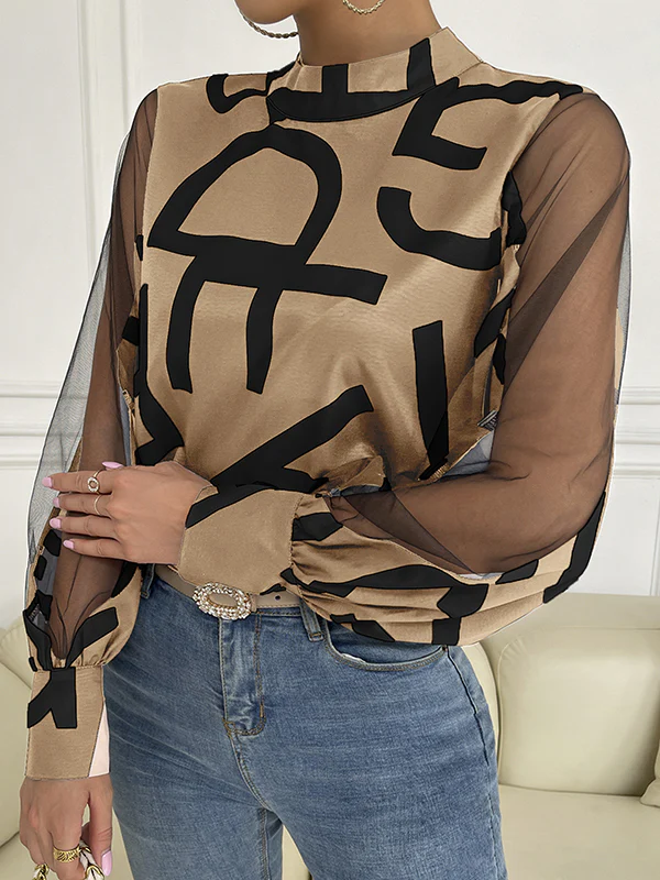 Long Sleeves Buttoned Hollow Letter Print See-Through Split-Joint Round-neck Blouses&shirts Tops Shirts Tops - Image 3