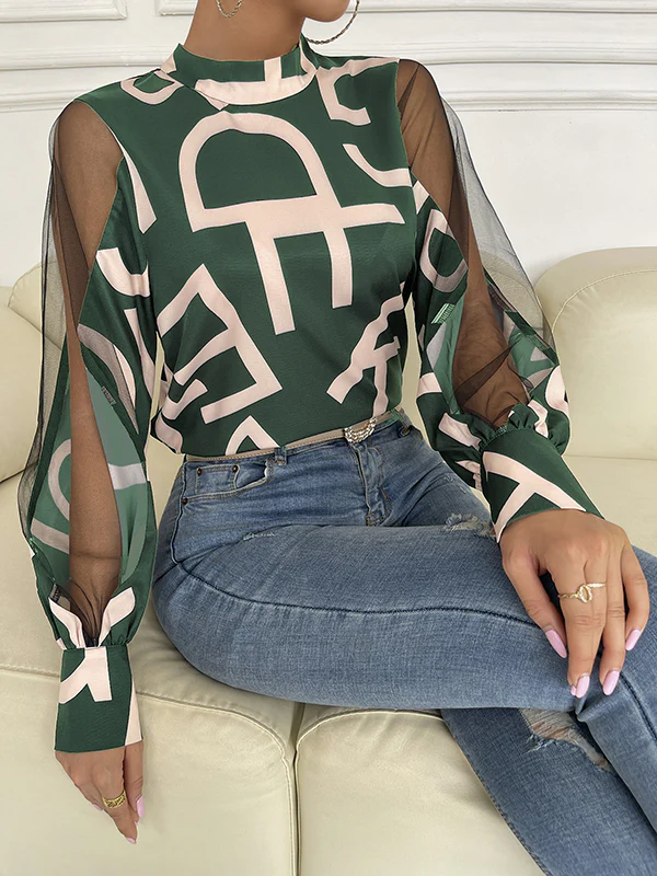 Long Sleeves Buttoned Hollow Letter Print See-Through Split-Joint Round-neck Blouses&shirts Tops Shirts Tops - Image 5