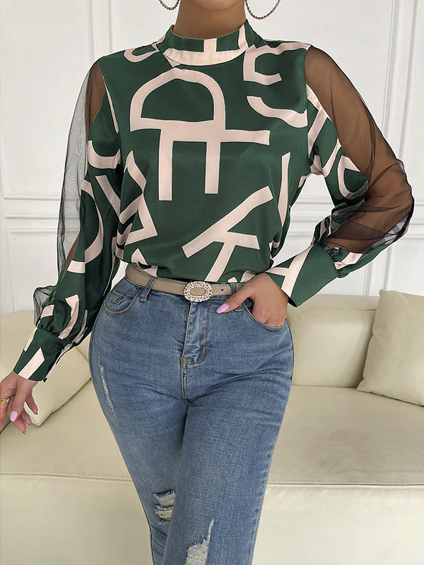 Long Sleeves Buttoned Hollow Letter Print See-Through Split-Joint Round-neck Blouses&shirts Tops Shirts Tops - Image 6