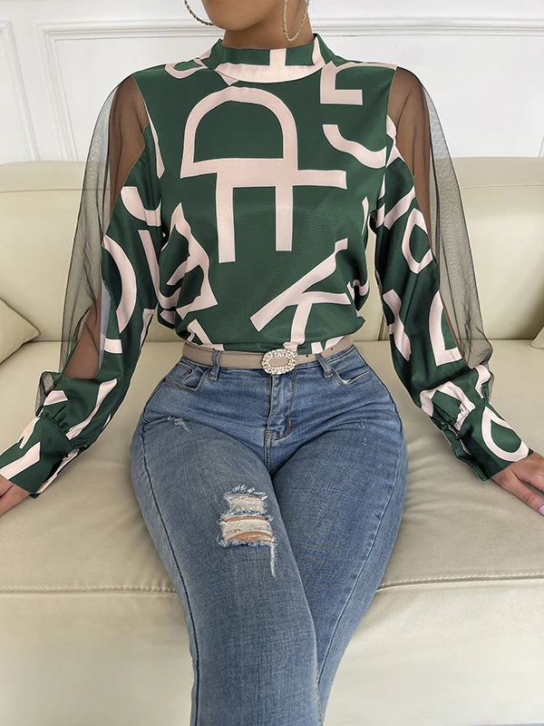 Long Sleeves Buttoned Hollow Letter Print See-Through Split-Joint Round-neck Blouses&shirts Tops Shirts Tops - Image 7