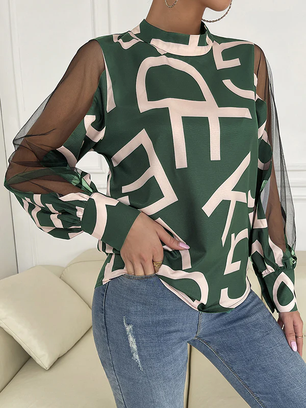 Long Sleeves Buttoned Hollow Letter Print See-Through Split-Joint Round-neck Blouses&shirts Tops Shirts Tops - Image 8